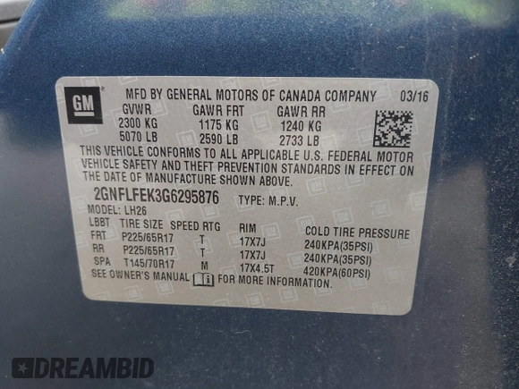2016 Chevrolet Equinox LT with VIN 2GNFLFEK3G6295876, listed as a IAAI auction lot 42164574 with 128,418 mi miles and . Bid and sale history available at DreamBid. Image 9.
