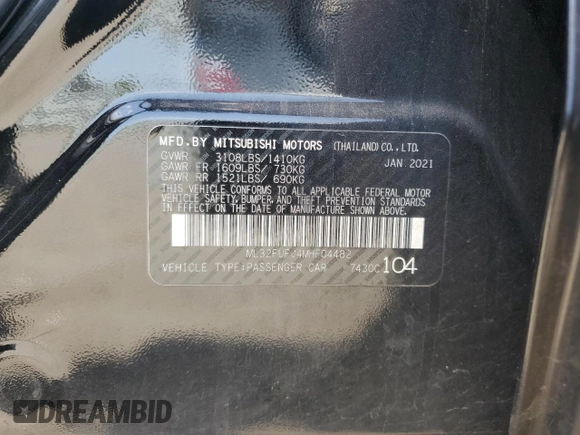 2021 Mitsubishi Mirage ES with VIN ML32FUFJ4MHF04482, listed as a Copart auction lot 61240745 with 96,017 mi miles and Salvage title. Bid and sale history available at DreamBid. Image 13.