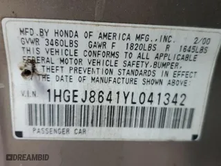 2000 Honda Civic EX with VIN 1HGEJ8641YL041342, listed as a Copart auction lot 43984405 with 163,346 mi miles and Salvage Title. Bid and sale history available at carsss.com. Image 12.