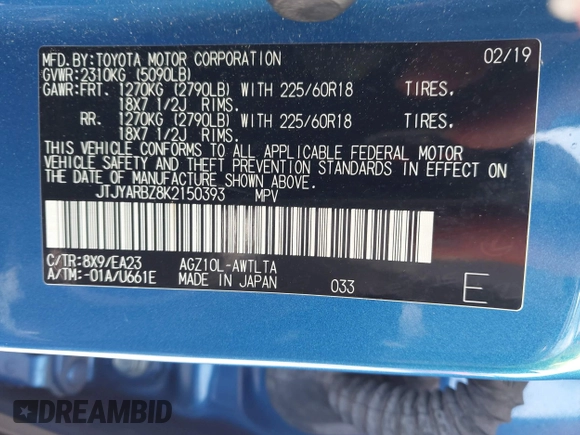 2019 Lexus NX with VIN JTJYARBZ8K2150393, listed as a IAAI auction lot 41917660 with 87,728 mi miles. Bid and sale history available at carsss.com. Image 9.