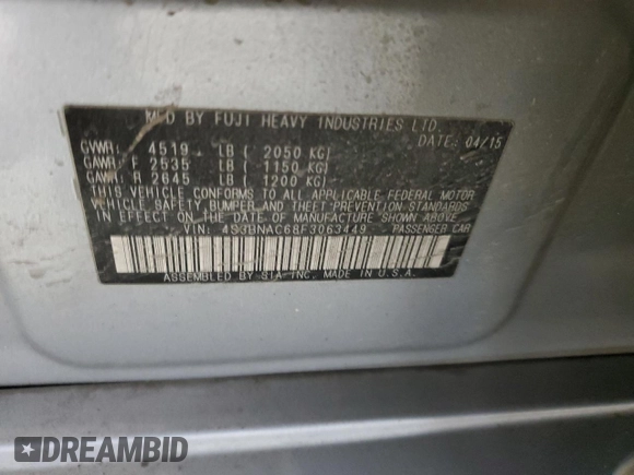 2015 Subaru Legacy Premium with VIN 4S3BNAC68F3063449, listed as a Copart auction lot 49108895 with 62,574 mi miles and Salvage Title. Bid and sale history available at DreamBid. Image 15.