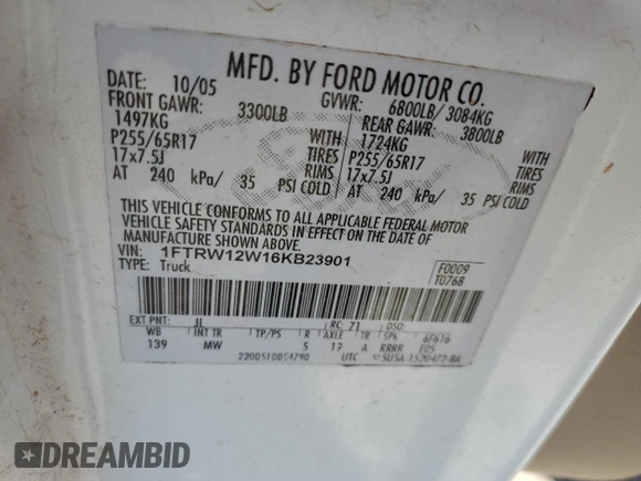 2006 Ford F-150 XLT с VIN 1FTRW12W16KB23901, выставлен на аукционе Copart как лот 61093795 с пробегом 164 084 миль миль и Списание • Salvage title. История ставок и продаж доступна на DreamBid. Изображение 12.