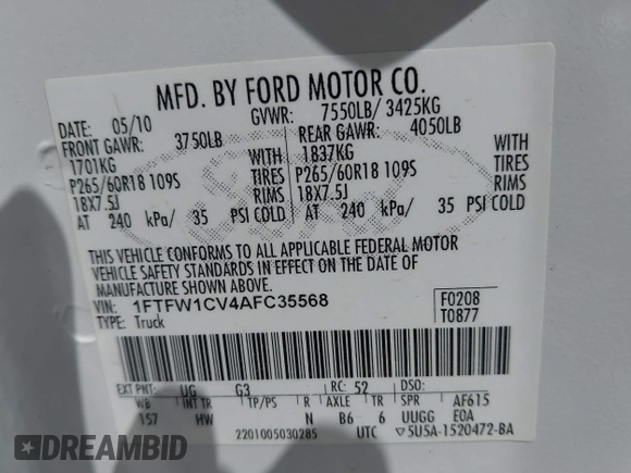 2010 Ford F-150 XL with VIN 1FTFW1CV4AFC35568, listed as a IAAI auction lot 42025030 with 171,172 mi miles and . Bid and sale history available at carsss.com. Image 9.