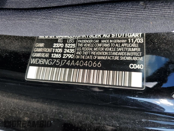 2004 Mercedes-Benz S-Class 5.0L with VIN WDBNG75J74A404066, listed as a Copart auction lot 42602405 with 0 mi miles and Salvage Title. Bid and sale history available at carsss.com. Image 12.