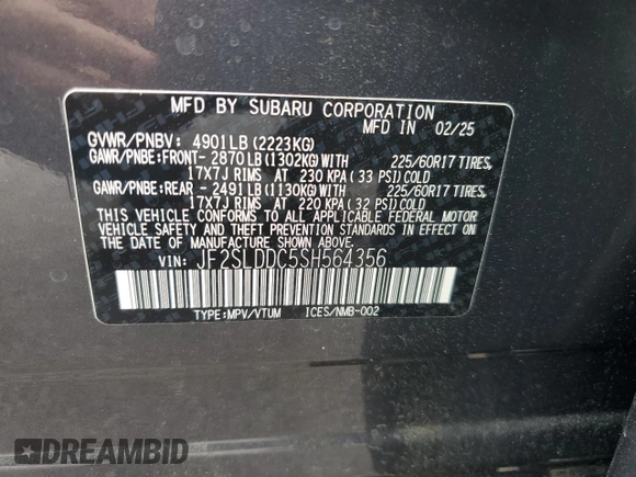 2025 Subaru Forester Premium with VIN JF2SLDDC5SH564356, listed as a Copart auction lot 64316515 with 1,841 mi miles and Clean title. Bid and sale history available at DreamBid. Image 13.