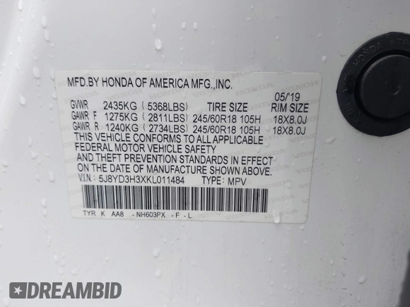 2019 Acura MDX with VIN 5J8YD3H3XKL011484, listed as a IAAI auction lot 41450303 with 89,627 mi miles and . Bid and sale history available at DreamBid. Image 9.