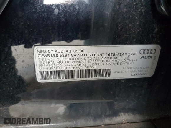 2008 Audi A6 with VIN WAUDH74F08N180187, listed as a Copart auction lot 86252154 with 205,370 mi miles and Clean Title. Bid and sale history available at carsss.com. Image 12.