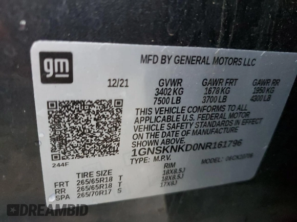 2022 Chevrolet Tahoe LT with VIN 1GNSKNKD0NR161796, listed as a Copart auction lot 42320075 with 84,387 mi miles and Salvage title. Bid and sale history available at DreamBid. Image 15.