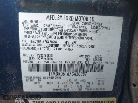 2007 Ford Freestyle Limited with VIN 1FMDK06167GA20987, listed as a IAAI auction lot 41461792 with 193,081 mi miles and . Bid and sale history available at DreamBid. Image 9.
