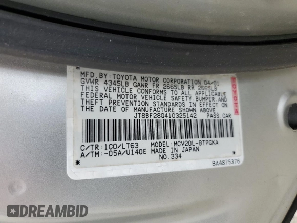 2001 Lexus ES 300 with VIN JT8BF28G410325142, listed as a Copart auction lot 58033085 with 202,542 mi miles and Salvage title. Bid and sale history available at DreamBid. Image 12.