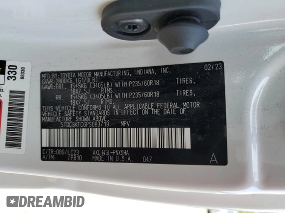 2023 Toyota Sienna XSE 25th Anniversary with VIN 5TDCSKFC6PS083719, listed as a Copart auction lot 71627604 with 71,367 mi miles and Salvage title. Bid and sale history available at DreamBid. Image 14.