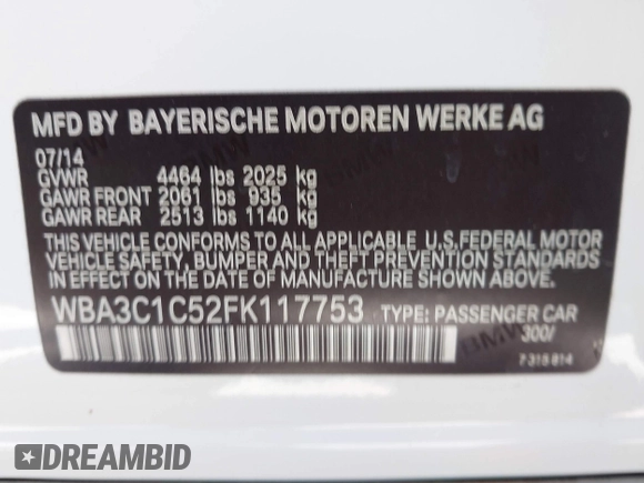 2015 BMW 3 Series 328i with VIN WBA3C1C52FK117753, listed as a IAAI auction lot 42270013 with 147,386 mi miles and . Bid and sale history available at DreamBid. Image 9.