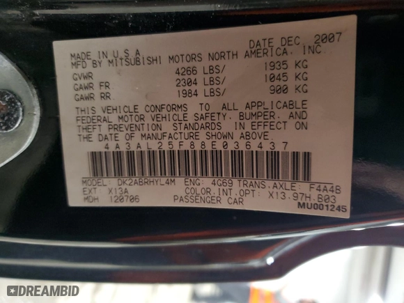 2008 Mitsubishi Eclipse GS with VIN 4A3AL25F88E036437, listed as a Copart auction lot 76527094 with 120,140 mi miles and Salvage Title. Bid and sale history available at carsss.com. Image 12.