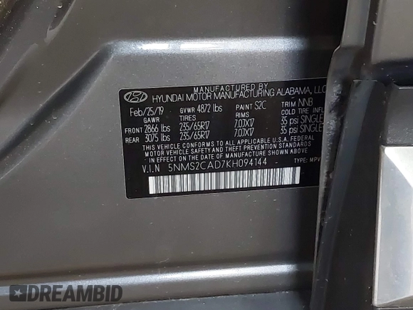 2019 Hyundai Santa Fe SE with VIN 5NMS2CAD7KH094144, listed as a IAAI auction lot 41984633 with 46,307 mi miles and . Bid and sale history available at DreamBid. Image 9.