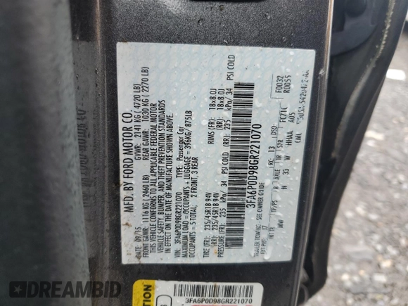 2016 Ford Fusion Titanium with VIN 3FA6P0D98GR221070, listed as a Copart auction lot 59518665 with Not provided miles and Salvage title. Bid and sale history available at DreamBid. Image 12.