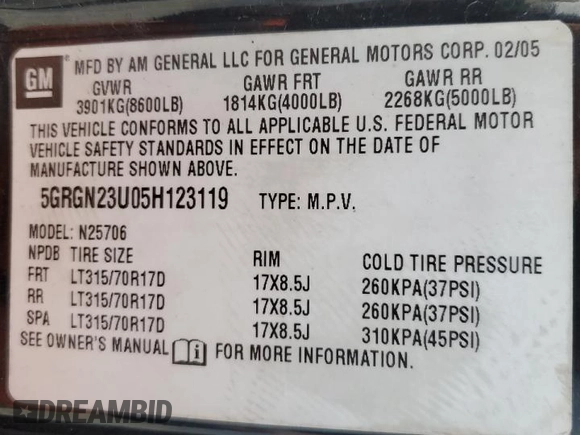 2005 Hummer H2 SUV with VIN 5GRGN23U05H123119, listed as a Copart auction lot 77662674 with 0 mi miles and Clean Title. Bid and sale history available at carsss.com. Image 13.