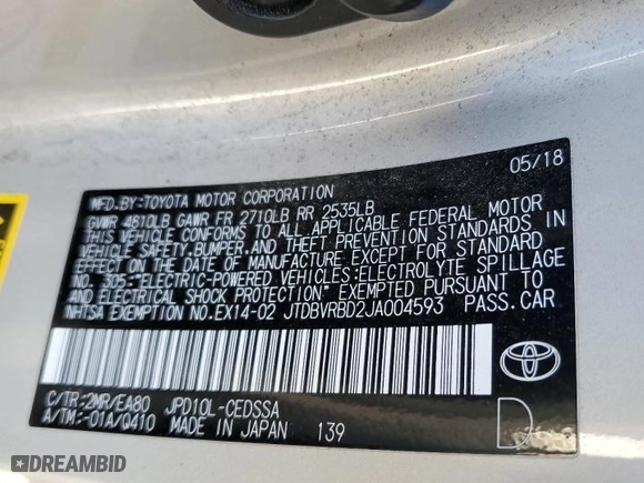 2018 Toyota Mirai with VIN JTDBVRBD2JA004593, listed as a Copart auction lot 85369104 with NaN miles and Clean Title. Bid and sale history available at carsss.com. Image 12.