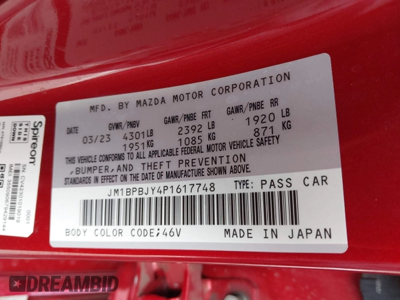 2023 Mazda 3 2.5 Turbo with VIN JM1BPBJY4P1617748, listed as a IAAI auction lot 42082128 with Not Provided miles and . Bid and sale history available at DreamBid. Image 9.