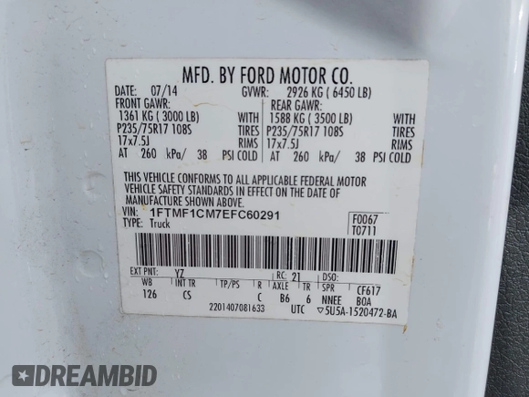 2014 Ford F-150 XL with VIN 1FTMF1CM7EFC60291, listed as a IAAI auction lot 42503556 with 215,474 mi miles and . Bid and sale history available at DreamBid. Image 9.