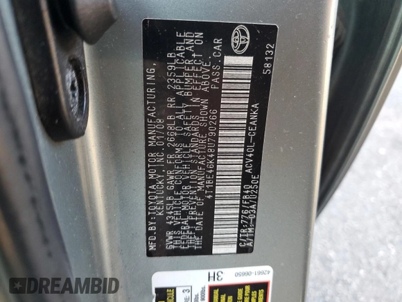 2008 Toyota Camry LE with VIN 4T1BE46K48U790266, listed as a Copart auction lot 83292404 with 179,072 mi miles and Non Repairable. Bid and sale history available at carsss.com. Image 12.
