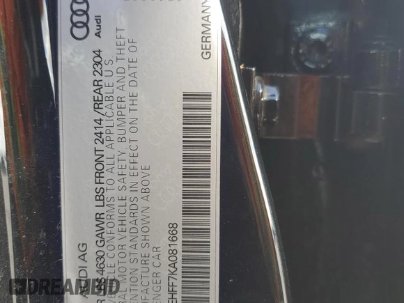 2019 Audi A3 Sedan S line Premium Plus with VIN WAUJEHFF7KA081668, listed as a Copart auction lot 59511684 with 88,360 mi miles and Non Repairable. Bid and sale history available at carsss.com. Image 12.