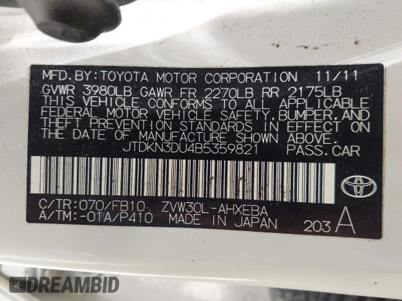 2011 Toyota Prius I with VIN JTDKN3DU4B5359821, listed as a IAAI auction lot 42264239 with 240,773 mi miles and . Bid and sale history available at DreamBid. Image 9.