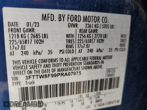 2023 Ford Maverick XL with VIN 3FTTW8F99PRA07975, listed as a Copart auction lot 62668435 with 60,703 mi miles and Clean title. Bid and sale history available at DreamBid. Image 12.