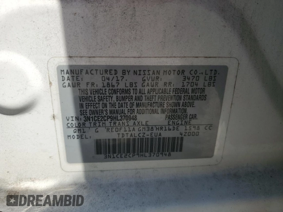 2017 Nissan Note S Plus with VIN 3N1CE2CP9HL370948, listed as a Copart auction lot 61996295 with 108,198 mi miles and Clean title. Bid and sale history available at DreamBid. Image 12.