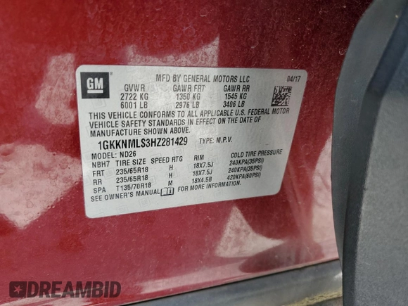 2017 GMC Acadia SLT with VIN 1GKKNMLS3HZ281429, listed as a Copart auction lot 57751815 with 228,536 mi miles and Salvage title. Bid and sale history available at DreamBid. Image 12.