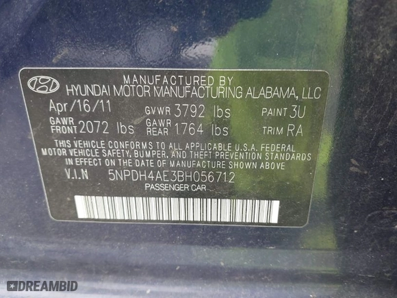 2011 Hyundai Elantra GLS PZEV with VIN 5NPDH4AE3BH056712, listed as a IAAI auction lot 41914369 with 144,513 mi miles. Bid and sale history available at carsss.com. Image 9.