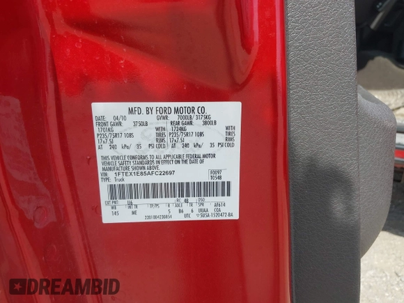 2010 Ford F-150 XL with VIN 1FTEX1E85AFC22697, listed as a IAAI auction lot 42081108 with 154,867 mi miles and . Bid and sale history available at DreamBid. Image 9.