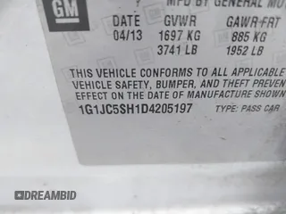 2013 Chevrolet Sonic LT with VIN 1G1JC5SH1D4205197, listed as a IAAI auction lot 41623803 with 153,666 mi miles and . Bid and sale history available at DreamBid. Image 9.