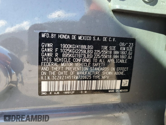 2024 Honda HR-V Sport with VIN 3CZRZ1H51RM720625, listed as a Copart auction lot 44617965 with 18,961 mi miles and Salvage Title. Bid and sale history available at carsss.com. Image 13.