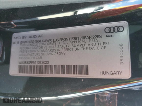 2016 Audi A3 2.0T Premium with VIN WAUB8GFF6G1032023, listed as a Copart auction lot 41246534 with 90,947 mi miles. Bid and sale history available at carsss.com. Image 12.