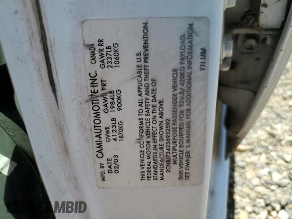 2003 Chevrolet Tracker ZR2 z VIN 2CNBJ734236932592, wystawiony jako Copart lot #58171145 z przebiegiem Nie podano mil oraz Szkoda całkowita • Salvage title. Historia ofert i sprzedaży dostępna na DreamBid. Obrazek 13.