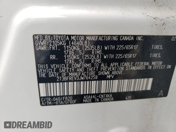 2018 Toyota RAV4 LE with VIN 2T3BFREV3JW764258, listed as a Copart auction lot 61234155 with Not provided miles and Salvage title. Bid and sale history available at DreamBid. Image 13.