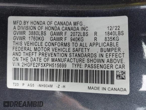 2023 Honda Civic Sport with VIN 2HGFE2F5XPH515699, listed as a IAAI auction lot 42441217 with 44,595 mi miles and . Bid and sale history available at DreamBid. Image 9.