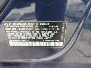 2014 Volkswagen Passat Wolfsburg Ed with VIN 1VWAT7A36EC094322, listed as a IAAI auction lot 41547904 with 144,312 mi miles. Bid and sale history available at carsss.com. Image 9.