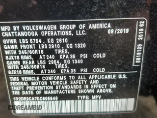 2019 Volkswagen Atlas SE with VIN 1V2DR2CA7KC605849, listed as a Copart auction lot 55557865 with 74,410 mi miles and Salvage title. Bid and sale history available at DreamBid. Image 12.