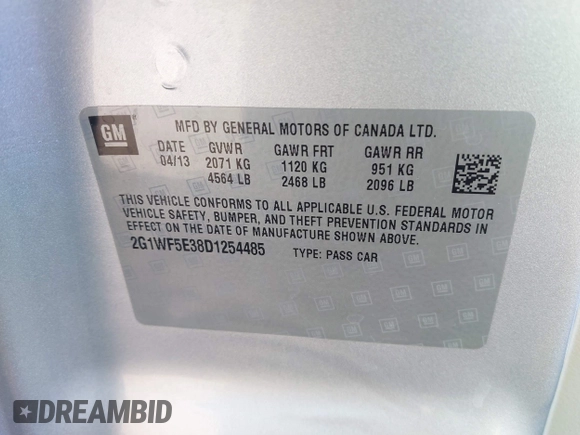 2013 Chevrolet Impala LS with VIN 2G1WF5E38D1254485, listed as a IAAI auction lot 41590062 with 93,217 mi miles and . Bid and sale history available at DreamBid. Image 9.