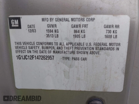 2004 Chevrolet Cavalier z VIN 1G1JC12F147262957, wystawiony jako IAAI lot #41969601 z przebiegiem 161 747 mil mil oraz . Historia ofert i sprzedaży dostępna na DreamBid. Obrazek 9.