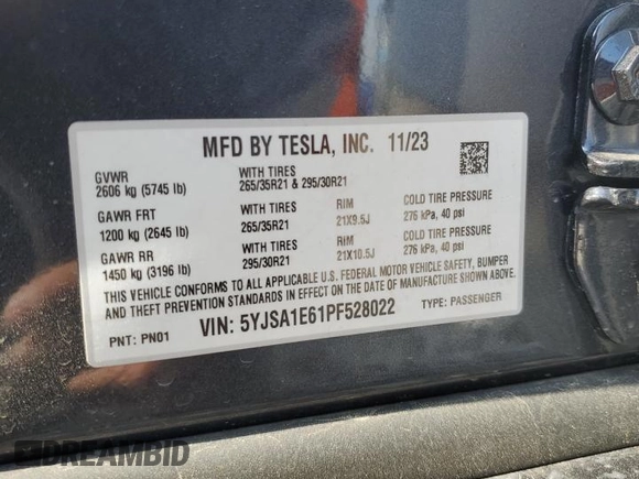 2023 Tesla Model S Plaid z VIN 5YJSA1E61PF528022, wystawiony jako Copart lot #53088135 z przebiegiem Nie podano mil oraz Czysty tytuł • Clean title. Historia ofert i sprzedaży dostępna na DreamBid. Obrazek 15.