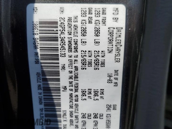 2004 Chrysler Town & Country Touring with VIN 2C4GP54L34R545133, listed as a Copart auction lot 49993615 with 213,684 mi miles and Salvage Title. Bid and sale history available at DreamBid. Image 13.