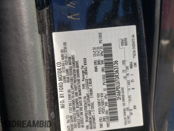 2013 Ford Fusion SE Hybrid with VIN 3FA6P0LU7DR363136, listed as a Copart auction lot 64764315 with 173,575 mi miles and Salvage title. Bid and sale history available at DreamBid. Image 13.