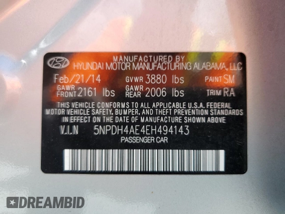 2014 Hyundai Elantra SE with VIN 5NPDH4AE4EH494143, listed as a Copart auction lot 64726195 with 65,050 mi miles and Salvage title. Bid and sale history available at DreamBid. Image 13.