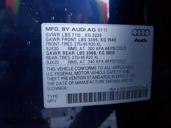 2012 Audi Q7 3.0L TDI Premium Plus with VIN WA1LMAFE0CD001442, listed as a Copart auction lot 87826815 with 133,307 mi miles and Salvage Title. Bid and sale history available at carsss.com. Image 13.