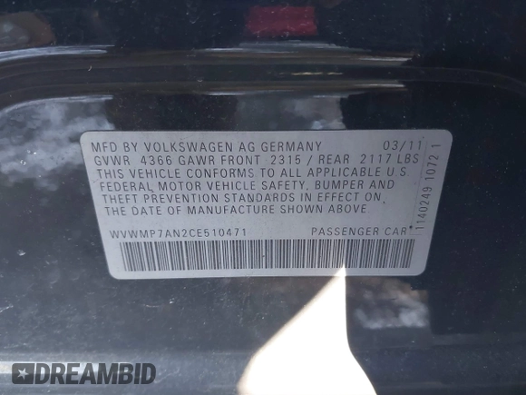 2012 Volkswagen CC Sport с VIN WVWMP7AN2CE510471, выставлен на аукционе IAAI как лот 41409859 с пробегом 164 940 миль миль и . История ставок и продаж доступна на DreamBid. Изображение 9.