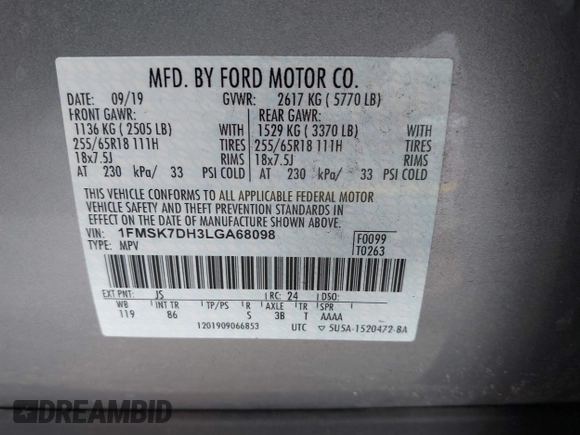 2020 Ford Explorer XLT z VIN 1FMSK7DH3LGA68098, wystawiony jako IAAI lot #41710249 z przebiegiem 78 924 mil mil oraz . Historia ofert i sprzedaży dostępna na DreamBid. Obrazek 9.
