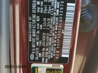 2020 Kia Telluride EX with VIN 5XYP3DHC9LG032973, listed as a Copart auction lot 54496785 with 85,188 mi miles and Salvage title. Bid and sale history available at DreamBid. Image 13.