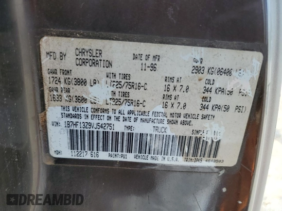 1997 Dodge 1500 z VIN 1B7HF13Z9VJ542751, wystawiony jako Copart lot #59345435 z przebiegiem 156 429 mil mil oraz Szkoda całkowita • Salvage title. Historia ofert i sprzedaży dostępna na DreamBid. Obrazek 12.